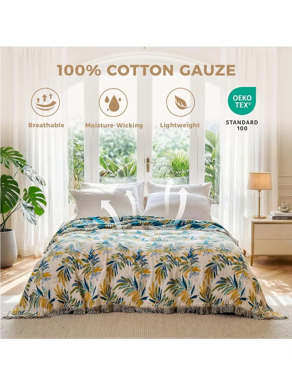 Tropical Palm Jacquard Throw Blanket in Cream, Teal & Olive